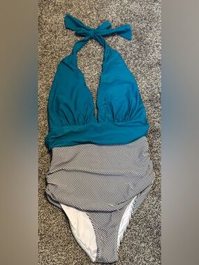 Cupshe Teal Halter One-Piece with Black & White Stripes